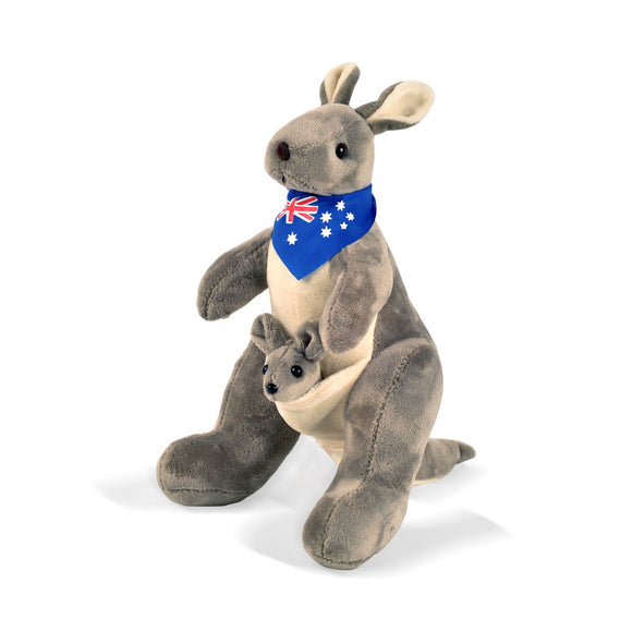 BOHS Plush Gray Kangaroo with Australia Scarf and Joey - Huggable Soft Stuffed Mom and Baby Animals Toy- 11.8 Inches